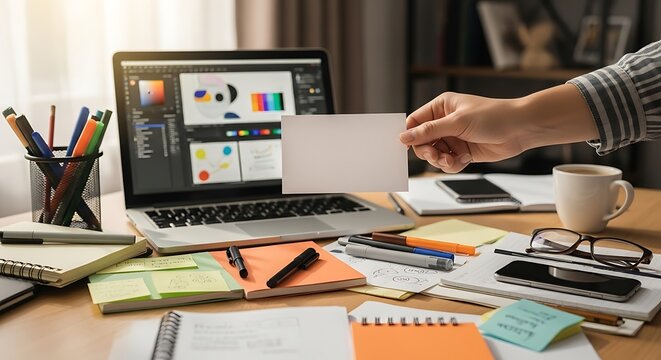 Closeup of a hand holding a blank white card over a desk cluttered with a laptop displaying a design program, notebooks, pens, a smartphone, glasses, and a coffee mug
