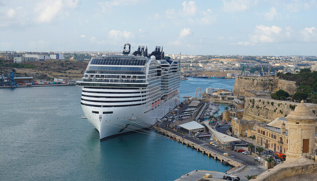 Valletta, Malta - September 24, 2025: View of the MSC World Europa, a cruise ship of the MSC Cruises company docked at port of Valletta.