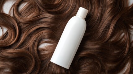 White cosmetic bottle on beautiful wavy brown hair, illustrating hair care product, shampoo, or conditioner for beauty and hairstyle concepts