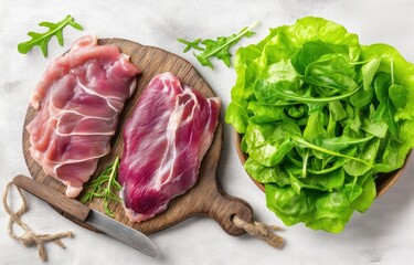 Fresh greens and raw meat presented on a wooden board emphasize the risks of kitchen cross contamination while preparing meals