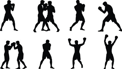 Boxing silhouette collection of male fighters in different poses, training, punching, and victory stances, vector illustration for sports design