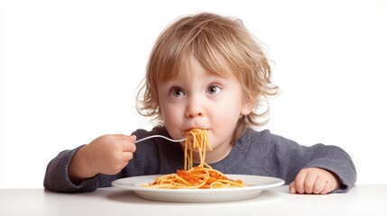 Adorable kid enjoying pasta on a white background