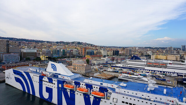 Naples, Italy - September 22, 2025: Naples cruise port, GNV ferry in the port of Naples. Italy