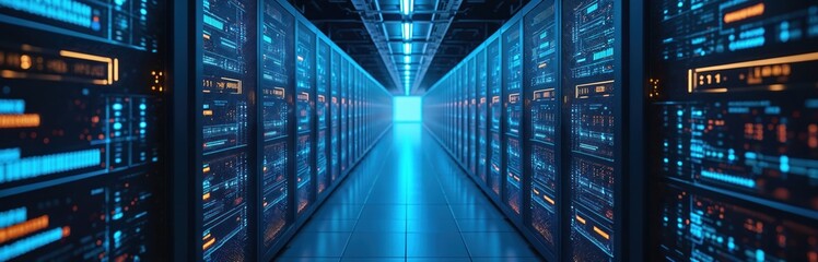 Server room with working equipment. Data center hardware cluster with data streams. Cloud storage with network infrastructure. systems secure digital transfer in cyberspace. Tech solutions for