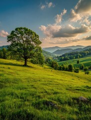 Obraz premium Lush green landscape with a solitary tree under a bright, cloudy sky