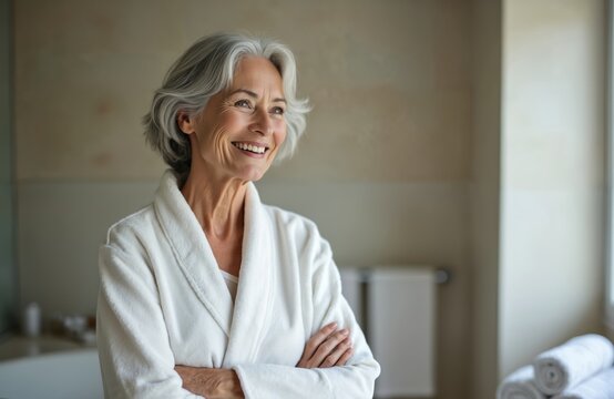 Mature woman with gray hair smiles brightly in a home bathroom. She wears a white bathrobe, feeling confident and relaxed. This happy senior lady enjoys a calm self-care morning routine.