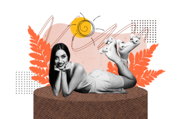 Creative picture collage young smiling woman flora natural environment roller skater hobby park outdoors activity sunny weather