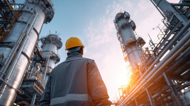 Afternoon inspection of oil refinery equipment by male worker