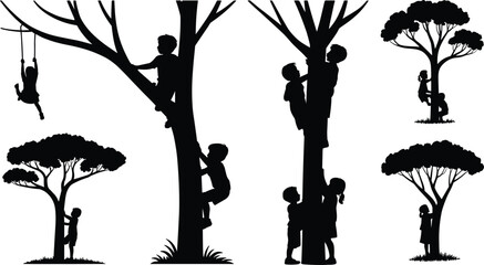 Children playing and climbing trees silhouette vector illustration, kids outdoor fun activity, nature playground design, childhood adventure in black