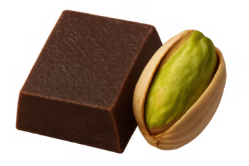 Chocolate bar next to an open pistachio nut on transparent background, symbolizing dessert, snack, and taste