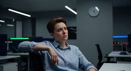 A young woman with short hair sits at her desk in an office late at night, looking tired and stressed, feeling the pressure of work and the need to finish her tasks