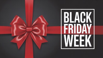 Black Friday Week Sale Promotional Banner with a Realistic Red Silk Bow and Ribbon Gift Wrap Design Against a Luxury Dark Gray or Black Background