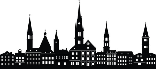 Fototapeta premium City skyline silhouette with historic church towers and old buildings, European architecture vector illustration, urban landscape design in black