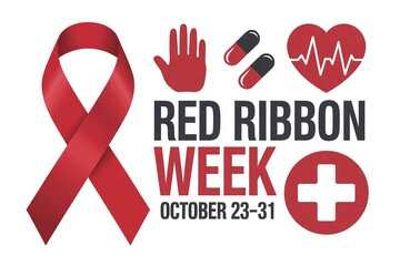 Red Ribbon Week Health Campaign Banner with Stop Hand, Pills, Heart Rate, and Medical Cross for Drug Prevention Education