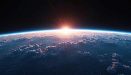 Fototapeta premium View from space shows Earth horizon with sunrise over cloud layer. Sun rays beam through atmosphere creating beautiful sky with planet curve visible. Night and day divide.