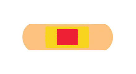 A beige adhesive bandage with a red square on a yellow background