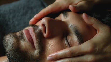 Naklejka premium At a luxury spa an attractive man enjoys a facial massage from a masseuse