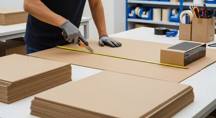 Worker precisely cutting custom cardboard box for product packaging