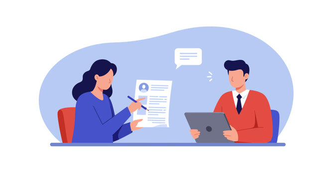 Modern flat design of job interview scene with candidate and recruiter interaction