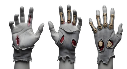 Horrifying zombie hand with exposed bones and fresh wounds for Halloween horror nights or spooky themed event promotions and scary invitations