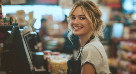 Attractive cashier grinning at a supermarket
