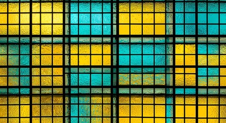 Stained glass window with yellow and teal square panes arranged in a grid pattern