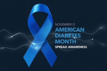 American Diabetes Month Banner with Realistic Blue Ribbon and Abstract Flowing Light Lines on Dark Background to Spread Awareness