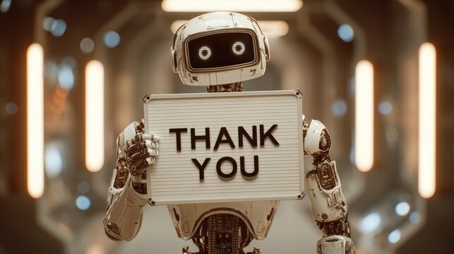 Friendly Humanoid Robot Holding Thank You Sign in Futuristic Corridor