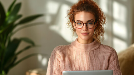 Sunlit creative workspace with laptop-focused Caucasian woman, cozy hygge vibes, celebrating Curly Hair Appreciation Day and World Hello Day
