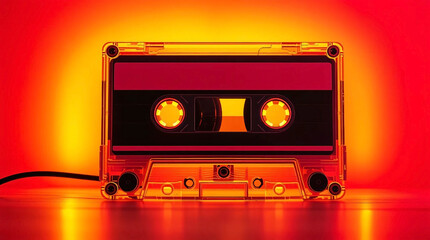Naklejka premium Neon cassette, Nostalgia Audio cassette for listening to music