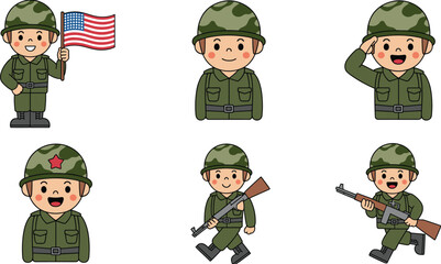 Cute cartoon soldier illustration set, military character collection in uniform holding flag and rifle, army salute vector for patriotic design