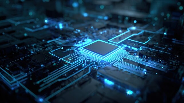 Futuristic AI Interface Hologram with Neon-Blue Circuit Design in Cyberpunk Style