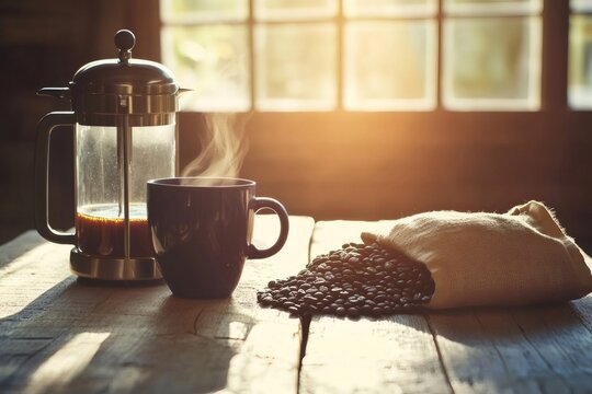 Freshly brewed coffee in a french press and a steaming mug with coffee beans spilled from a burlap sack on a wooden table
