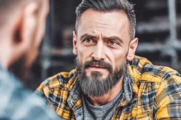 Fototapeta premium A thoughtful man with a beard wearing a plaid shirt engages in conversation, displaying a serious expression in a casual setting.