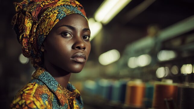 Attractive young African textile employee in the workshop
