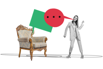 Composite photo collage of happy girl dance royal chair furniture bubble phrase communication talk dialogue isolated on painted background