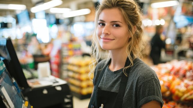 Attractive young woman cashier in a supermarket