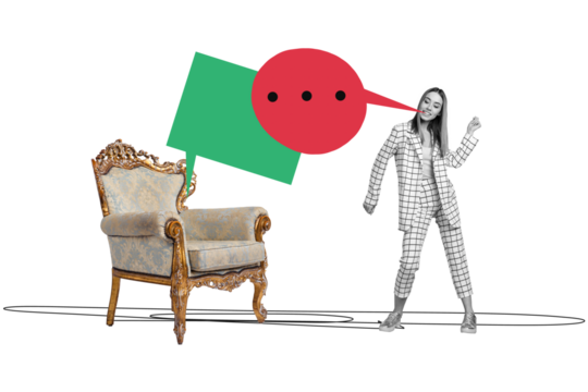 Composite photo collage of happy girl dance royal chair furniture bubble phrase communication talk dialogue isolated on painted background