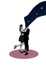 Sketch image trend artwork montage 3D collage of young lady hugs man headless space universe date...