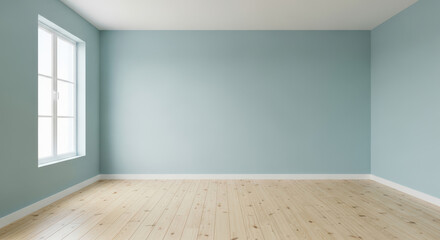 Empty room with light blue walls, wooden floor and window with natural light