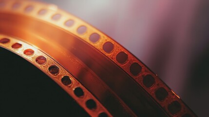 Obraz premium An artistic close-up of film strips showcasing the vibrant orange hues of the film's edges against a blurred background. A creative perspective.