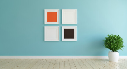 Bright interior with blue wall, wooden floor and frames on the wall