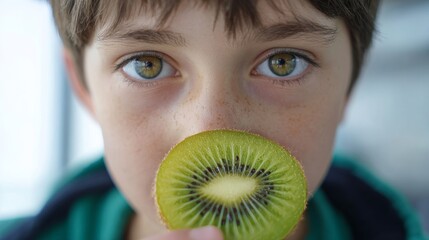 A young Caucasian boy peers through a kiwi slice, evoking playful curiosity and celebrating National Fruit Day and Kiwi Festival