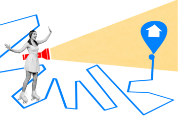 Composite art 3d creative image collage of happy girl wear rollers-skate ride arrow doodle way flashlight plan finding labyrinth