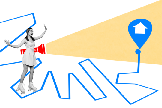 Composite art 3d creative image collage of happy girl wear rollers-skate ride arrow doodle way flashlight plan finding labyrinth