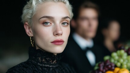 A poised Caucasian woman in elegant attire exudes mysterious allure, perfect for Harvest Festival or unconventional masquerade themes