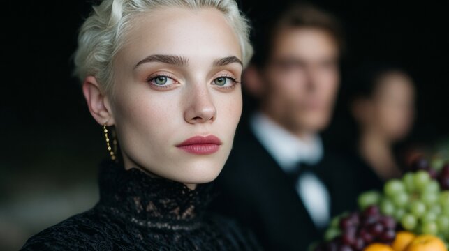 A poised Caucasian woman in elegant attire exudes mysterious allure, perfect for Harvest Festival or unconventional masquerade themes