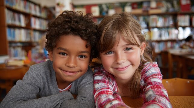 Charming students grinning at the camera in an elementary school library