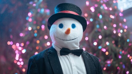Festive snowman in a dapper tuxedo, embracing whimsical warmth of Snegurochka tales, enchanting Winter Solstice evening gala