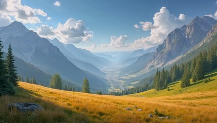 Obraz premium Breathtaking Mountain Landscape: Captivating Alpine Panorama with Vibrant Sky, Lush Greenery, and Peaceful Wilderness for Nature Photography and Exploration